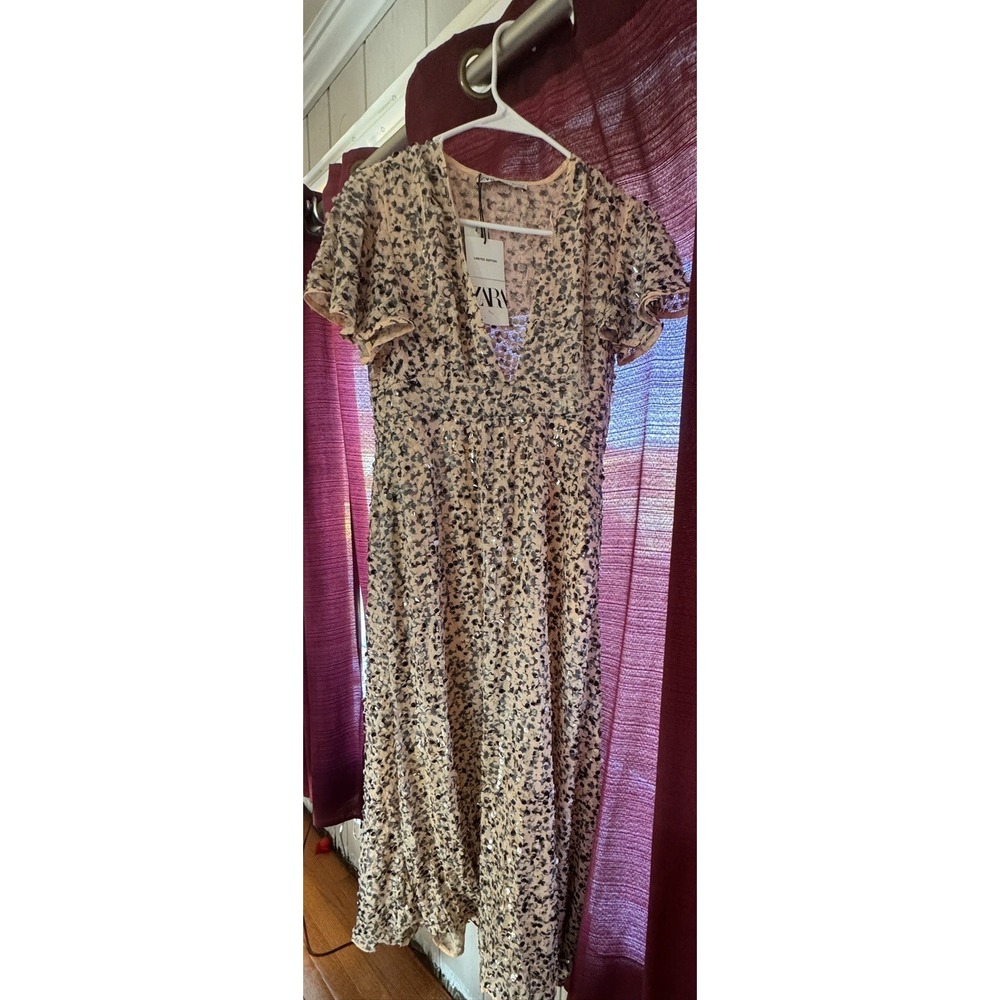 NEW ZARA PINK LIMITED EDITION SEQUIN APPLIQUÉ V NECK LONG MAXI DRESS‎ SIZE S